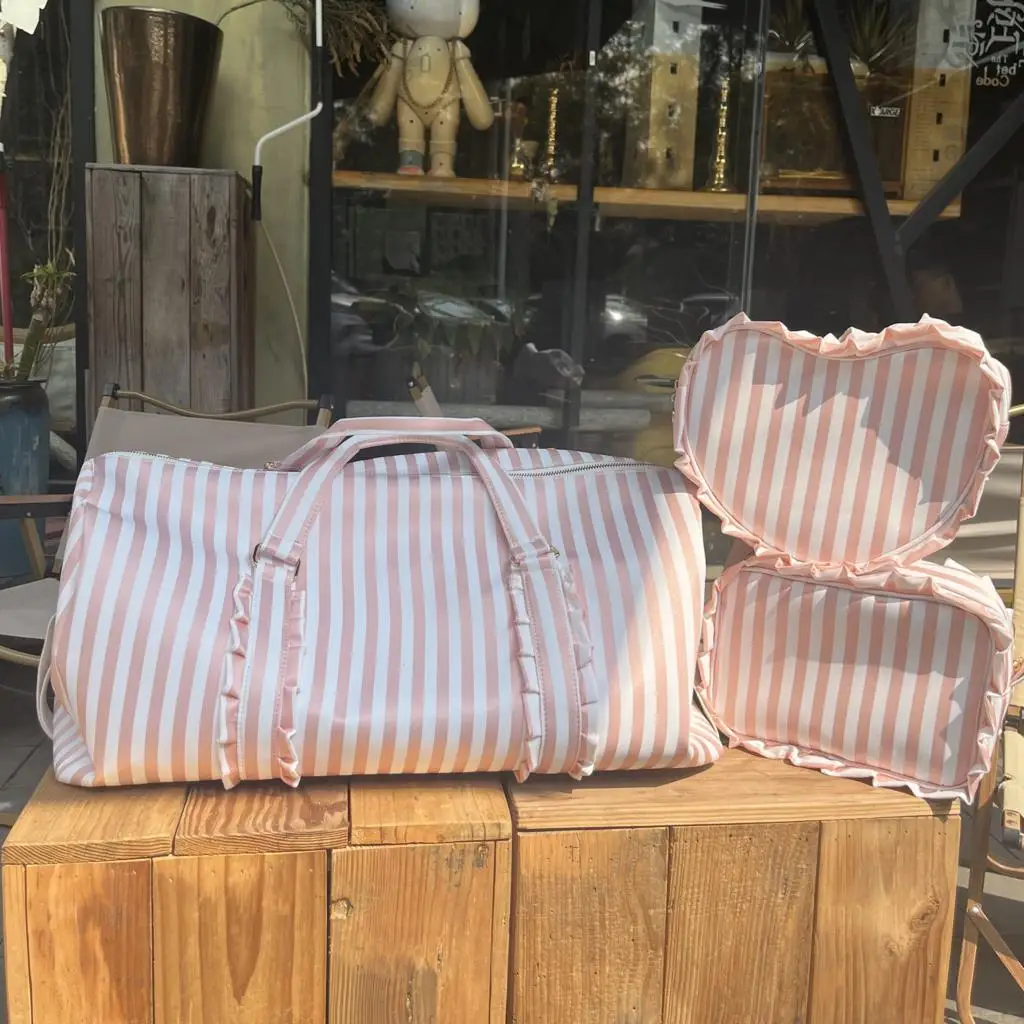 Pink Nylon Ruffle Heart Backpack Stripe Ruffle Loving Seersucker Cute Book Bag Nylon Kids/Adults Travel Vacation School Bag