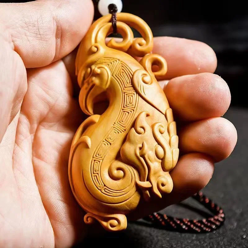 

MaiChuang/Hand Carving/Boxwood Hollow Antique Dragon Phoenix Necklace Pendant Fashion Jewelry Accessories Men Women Couple Gifts
