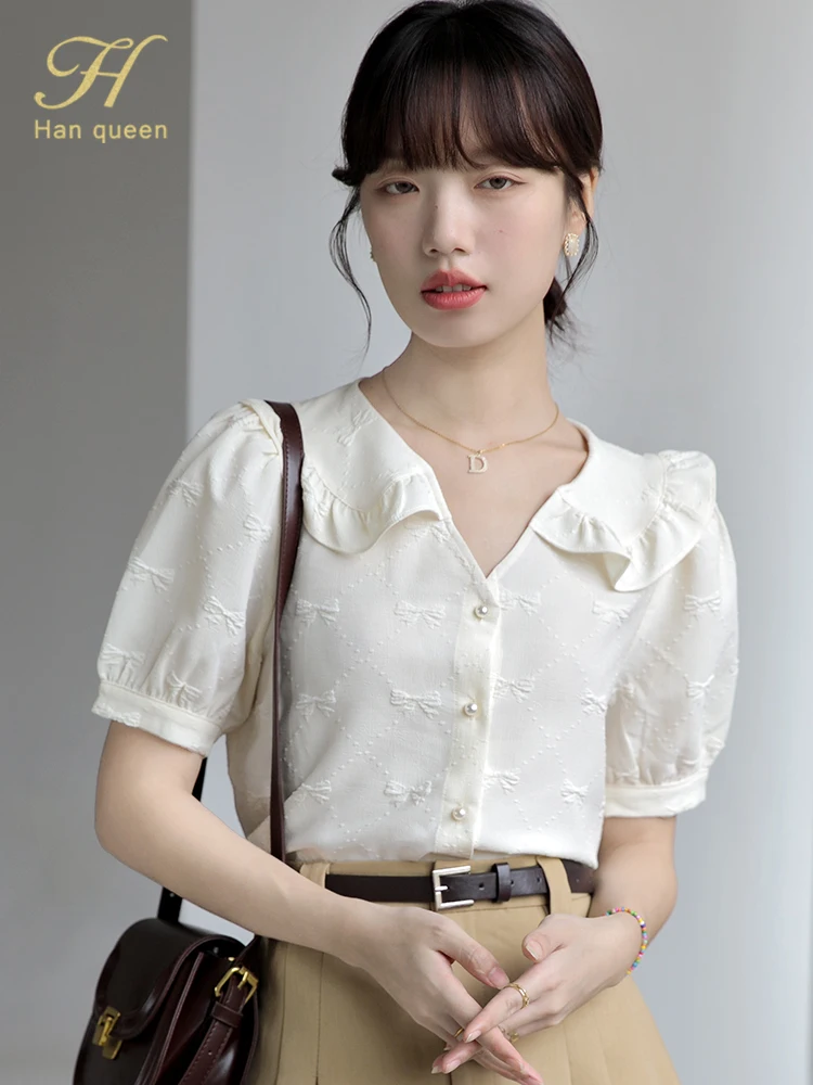 

Блузка женская шифоновая однобортная с отложным воротником и коротким рукавом