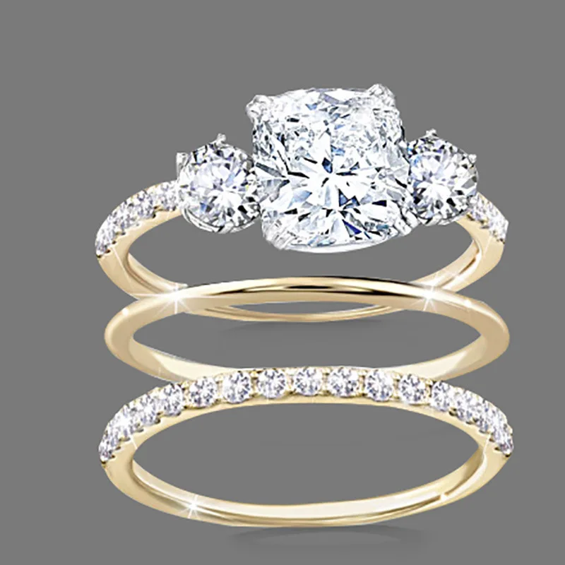 

3PCS Set Luxury Women White AAA Zircon Wedding Ring Gold Plated Paved Crystal Princess Engagement Jewelry