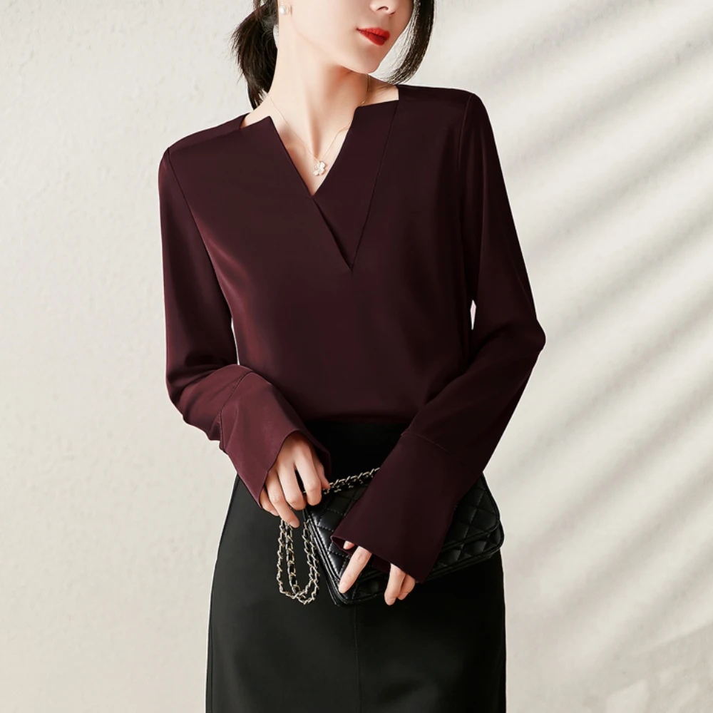 

Женская шифоновая блузка с V-образным вырезом, длинным рукавом