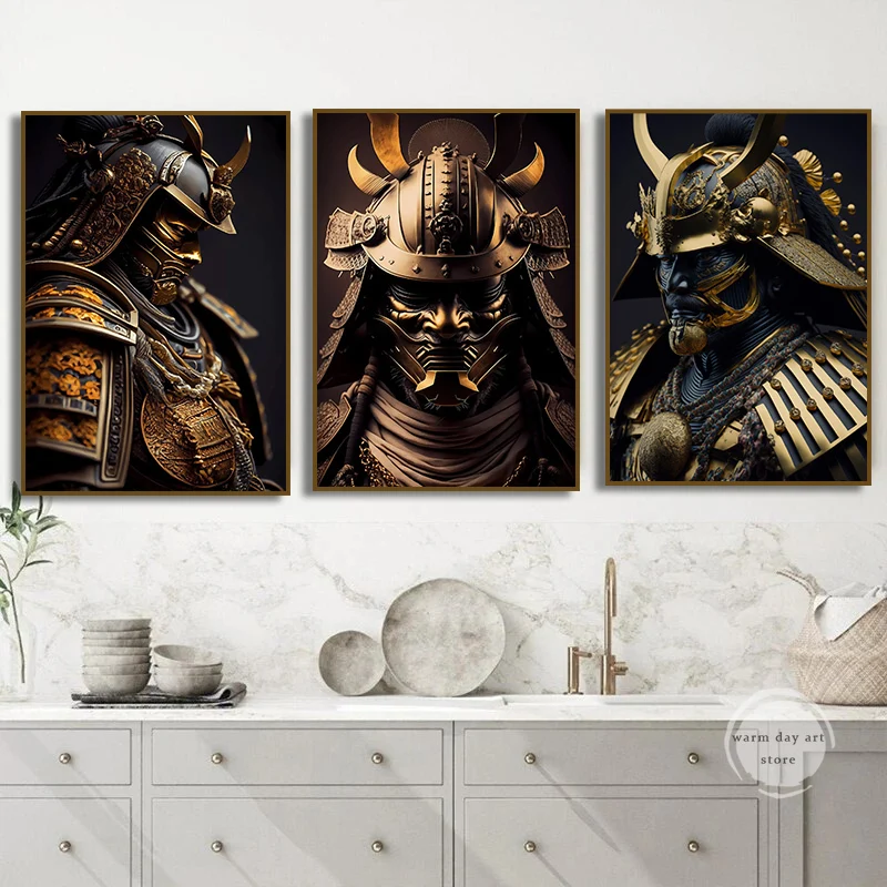 Японские черные и золотые художественные плакаты самурая маска Сакура граффити