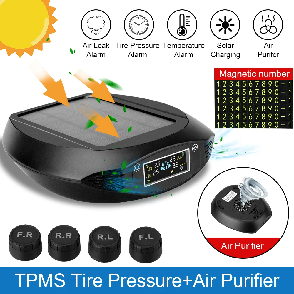 

Air Purifier Car Tire Pressure Monitoring System TPMS Internal/External Sensors Solar Powered Tire Pressure Monitor LCD Display