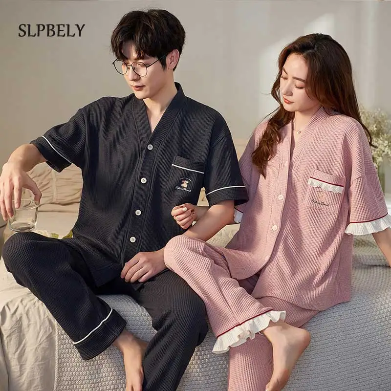 

SLPBELY Couple Pajamas Set Homesuit Summer Cotton Cartoon Lapel Cardigan Short Sleeve Nightwear Pyjamas Lover Homewear Sleepwear