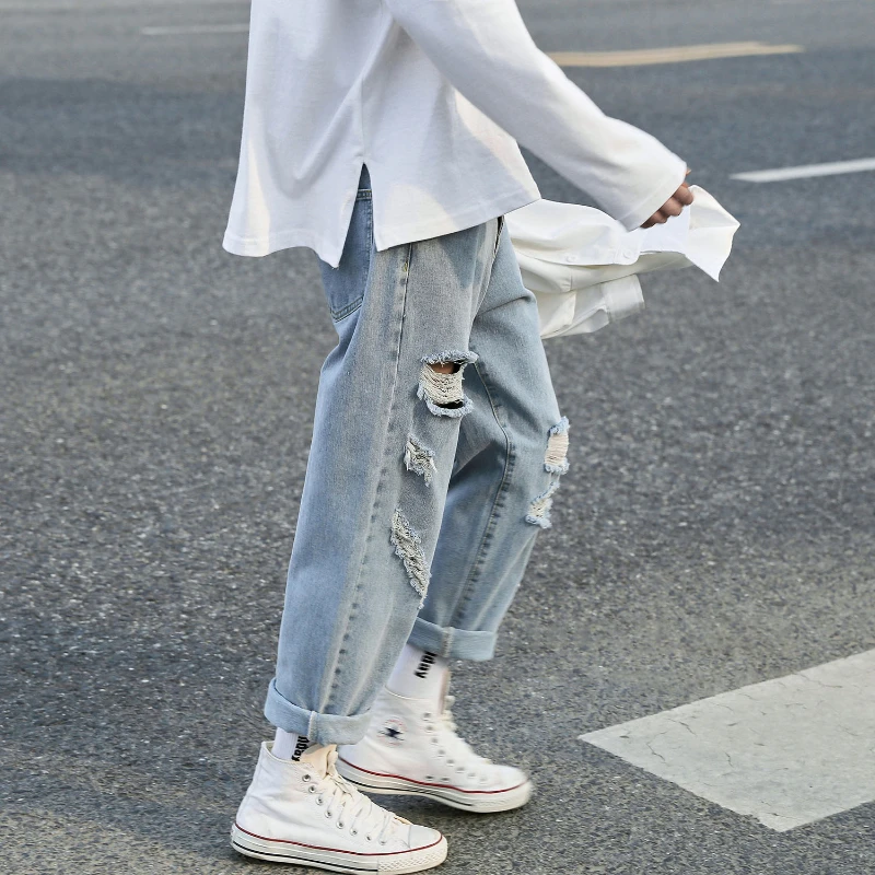 DEEPTOWN Men's Ripped Jeans Washed Men Hip Hop Straight Pants Youth Light Blue Streetwear Denim Trousers Male Spring Solid Blue