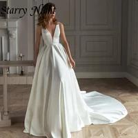 vintage satin wedding dress for women deep v neck sleeveless wedding gown for bride beadings backless 2022 vestidos de novia