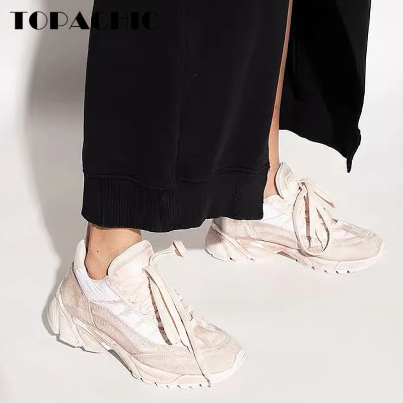 

7.24 High Quality Street Retro Washed Distressed Cow Suede Patchwork Chunky Sneakers Lace-up Shoes Women