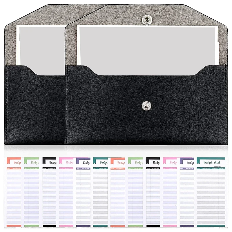 

2 Pieces PU Cash Wallet Envelope Reusable Budget Envelope Waterproof With 12 Sheet Expense Tracker Budget Sheets