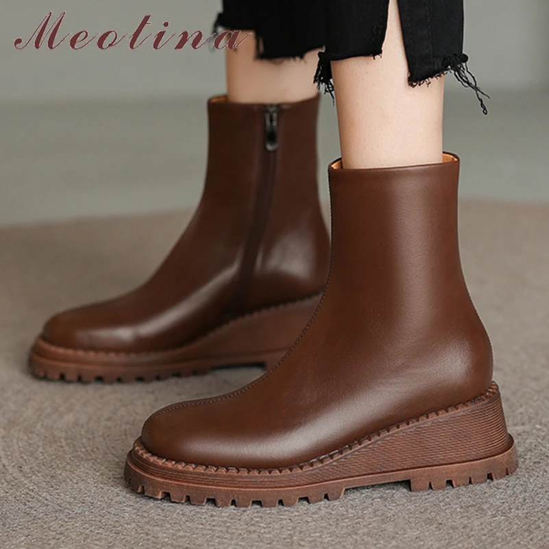 

Meotina Women Genuine Leather Ankle Boots Round Toe Platform Wedges High Heel Zipper Ladies Short Boot Autumn Winter Shoes 40