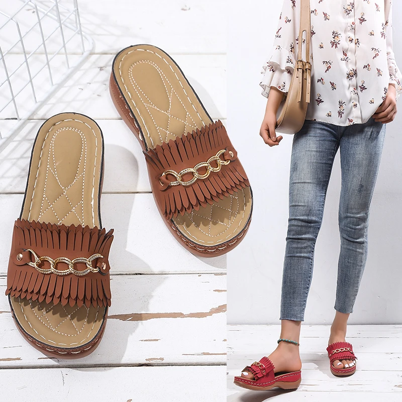

Summer Women Slippers Open-toe Tassel Metal Decorative Flip-flop Flat Sandals Casual Women Shoes Beach Shoes Plus Size 43 Shoes