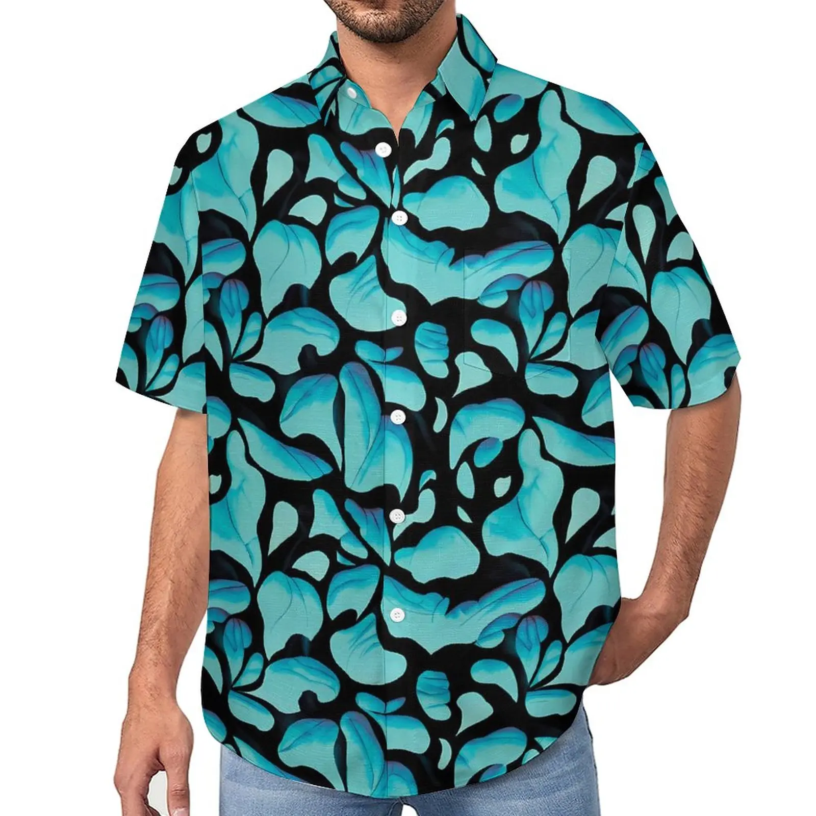 

Blue Leaf Print Beach Shirt Abstract Leaves Summer Casual Shirts Men Streetwear Blouses Short Sleeve Design Clothing Plus Size