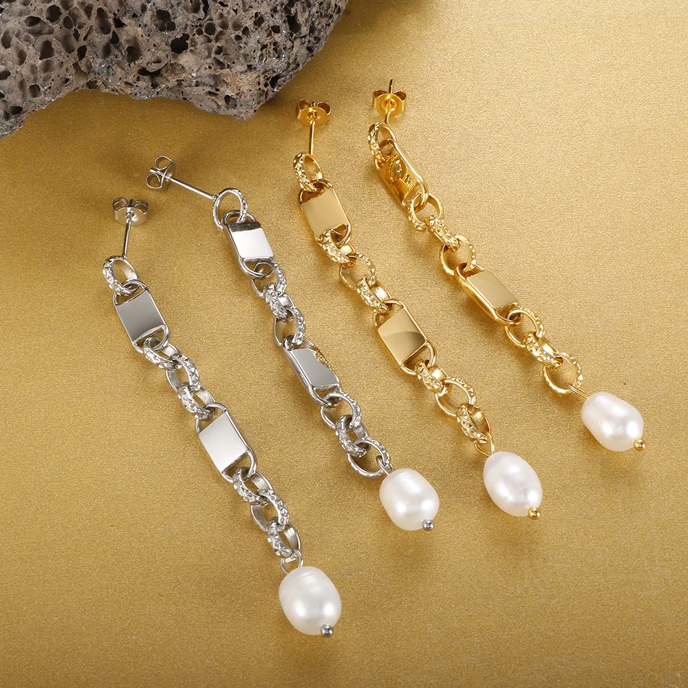 

Long Hanging Stainless Steel Chain Drop Natural Pearl Earrings for Women Girl Gold Plated Trendy Wholesale Temperament Jewelry