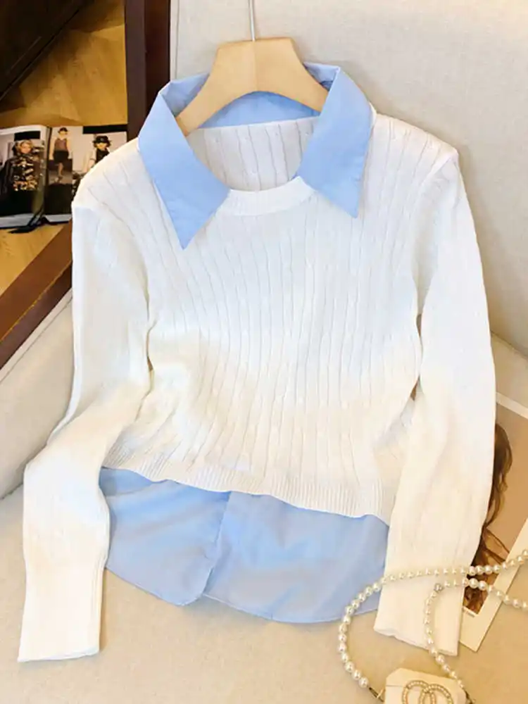 Женский серый пуловер с воротником поло свитер в стиле Харадзюку корейский