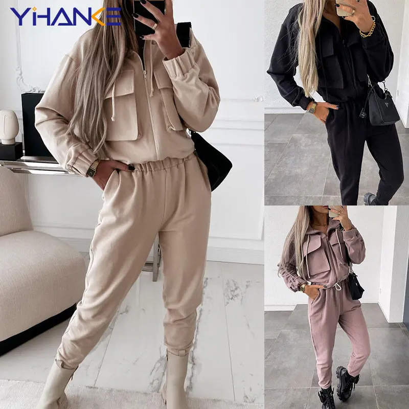 

Tracksuit Set Women's Casual Two Piece Sets Fashion Fleece Warm Suits Zipper Work Coats and Thick High Waist Trouser Tracksuits