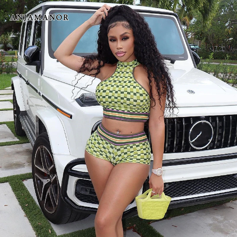 ANJAMANOR Sexy 2 Piece Outfits Summer Green Checkerboard Crop Top and Shorts Matching Sets Holiday Beach Wear D87-BE22