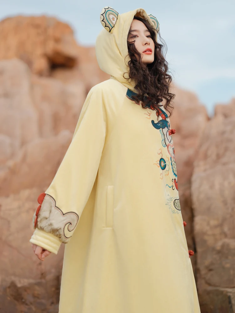 Winter Loose Velvet Hooded Coat 2022 New Chinese Style Embroidery Cotton-Padded Coat for Women