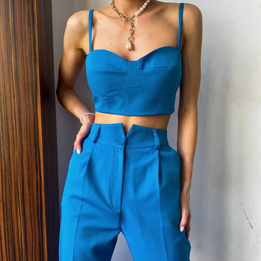 

Sleeveless Crop Top And Pants Matching Sets For Women Summer Fashion Clothing 2022 Solid Color Two Piece Trouserts Set Casual