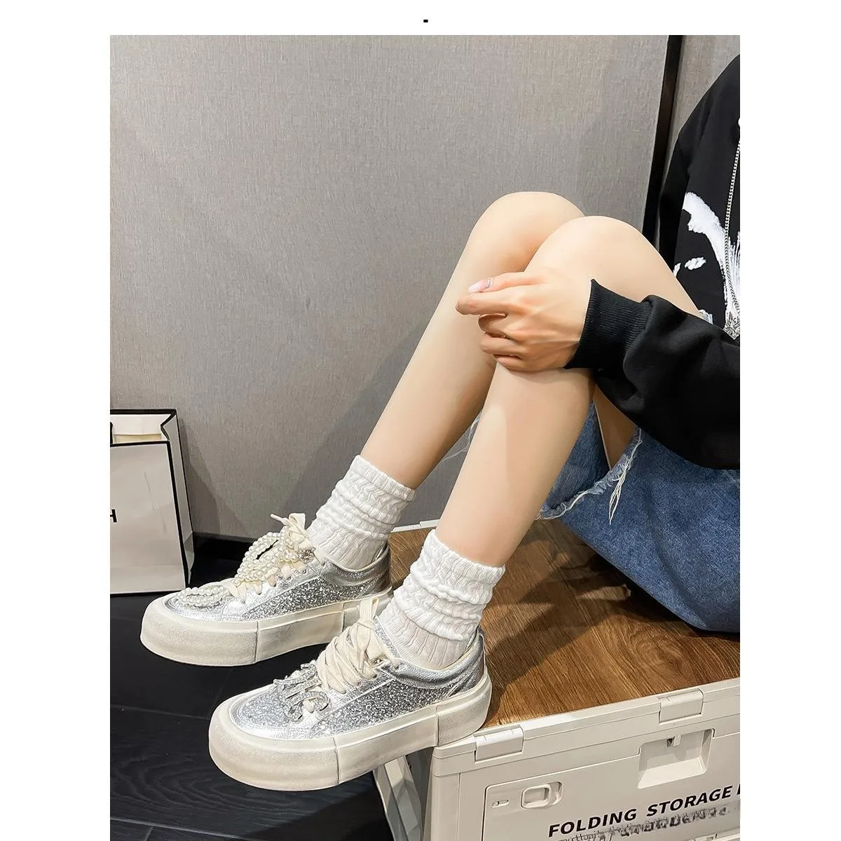 Универсальные кроссовки на платформе из натуральной кожи с блестками Flash Diamond