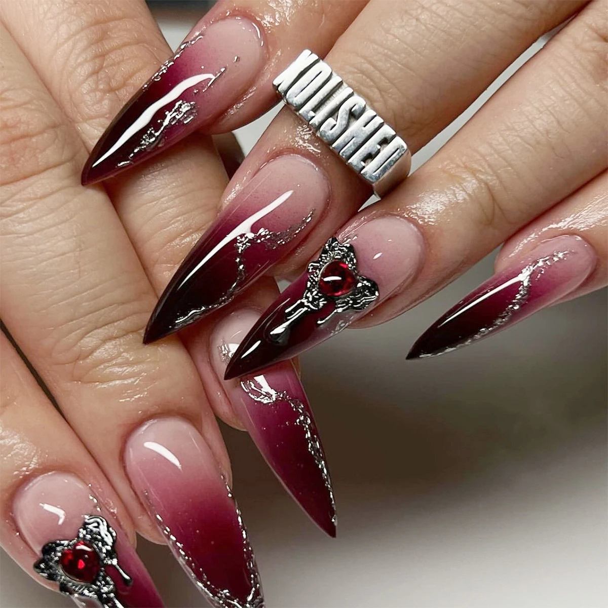 24 шт. накладные ногти с бриллиантами градиентные винно-красные длинные на