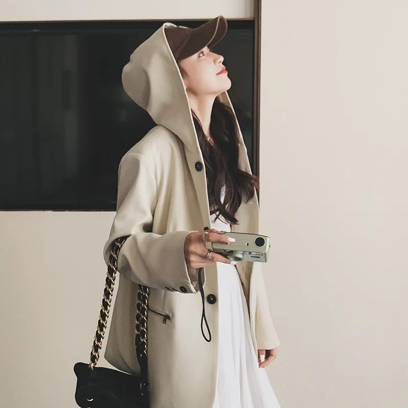 

Real Shot Hooded Blazer Women's Black 2023 Spring and Autumn New Korean Version Loose Casual Small Suit Top