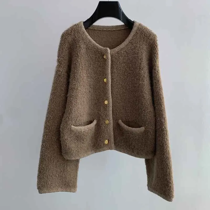 

Autumn Winter Alpaca Cardigans Fashion Runway Elegant Metal Single Breasted Jacket Women Luxury Long Sleeve O Neck Coat Clothes