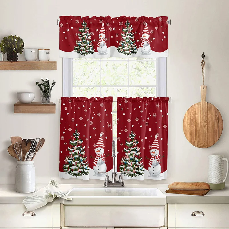 

Christmas Short Curtain Xmas Tree Snowman Bedroom Tulle Sheer Curtain Voile Drapes Small Window Curtain Living Room Home Decor