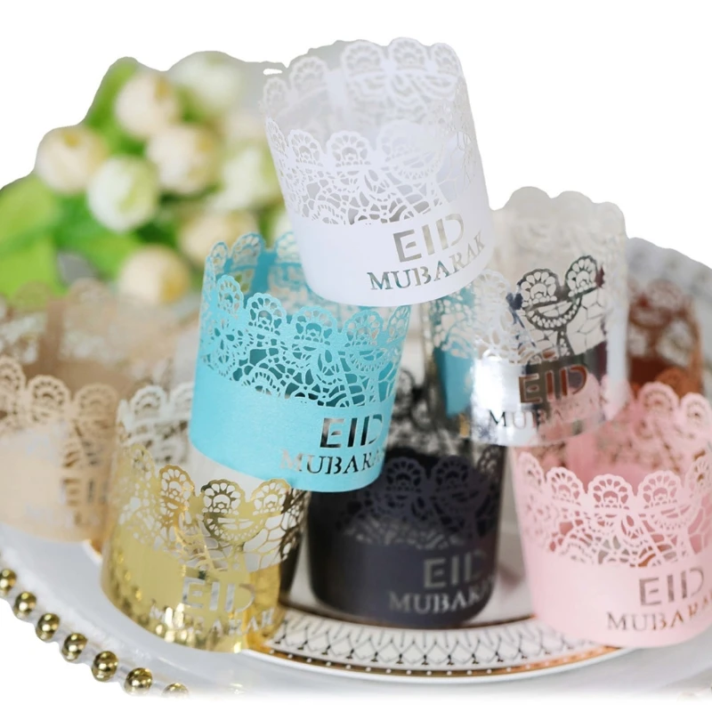 

100pcs Eid Mubarak Napkin Holder Hollow Lace Paper Ring Ramadan Festival Party