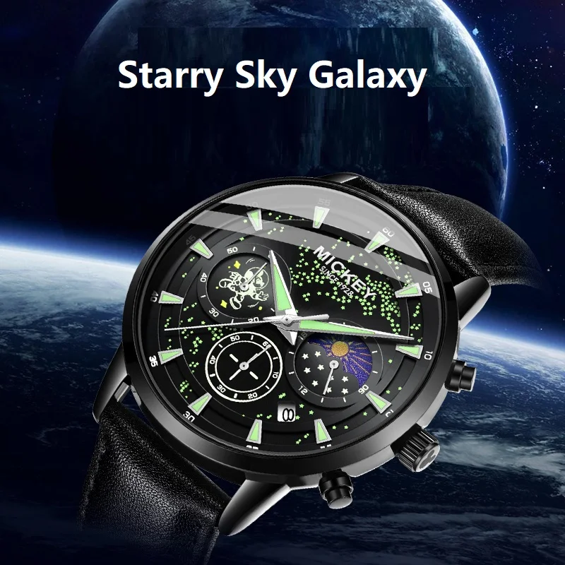 Фото Мужские часы Disney с Микки Маусом, Galaxy Sky Dial, мужские кварцевые наручные часы с фазой Луны, изогнутая дуга, циферблат, мужской новый Reloj Hombre №2