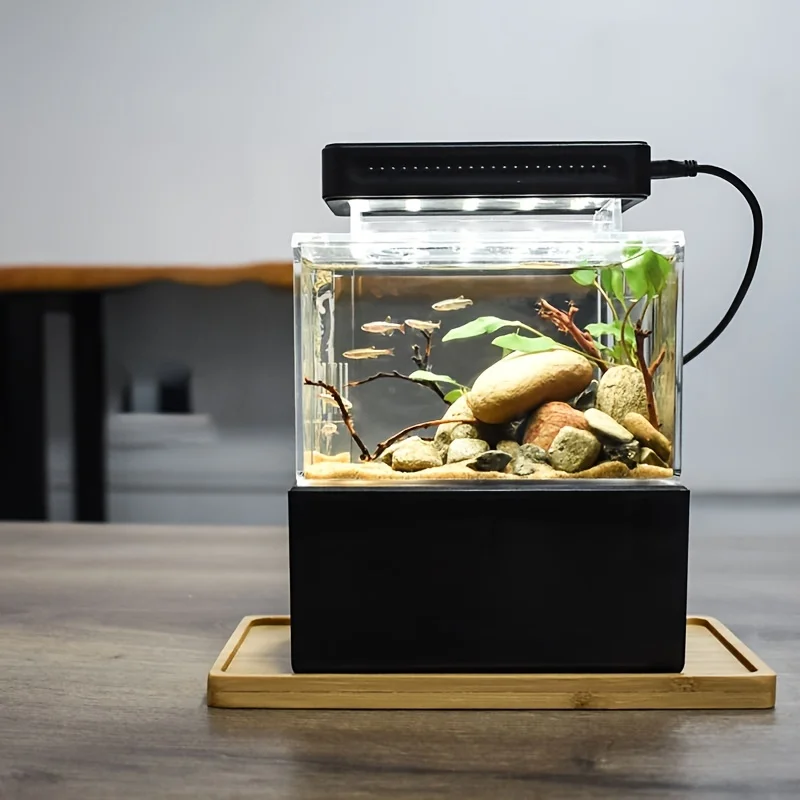 

With Water Filtration LED & Quiet Air Pump for Decor Mini Plastic Fish Tank Portable Desktop Aquaponic Aquarium Fish Bowl