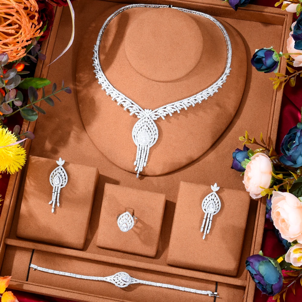 

Soramoore Luxury Gougeous Tassel Wedding Big Necklace Bangle Ring Earring Set For Women Cubic Zirconia Dubai Bridal jewelry Set