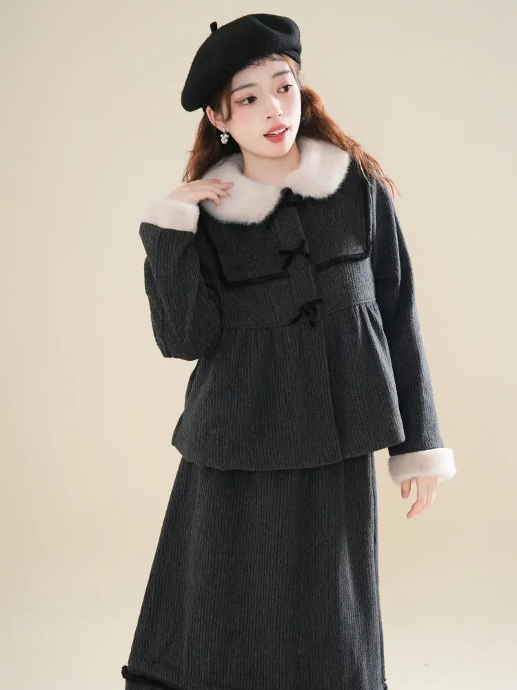 Костюм с юбкой шерстяное пальто стеганая куртка лацканами + юбка трапециевидной