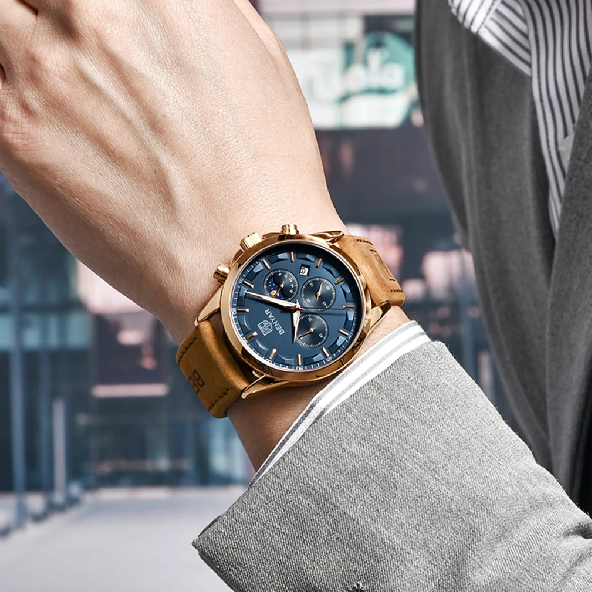 

BNEYAR Fashion Men Quartz Wristwatches Top Brand Sports Chronograph Watch Leather Waterproof Military Watch for Men reloj hombre