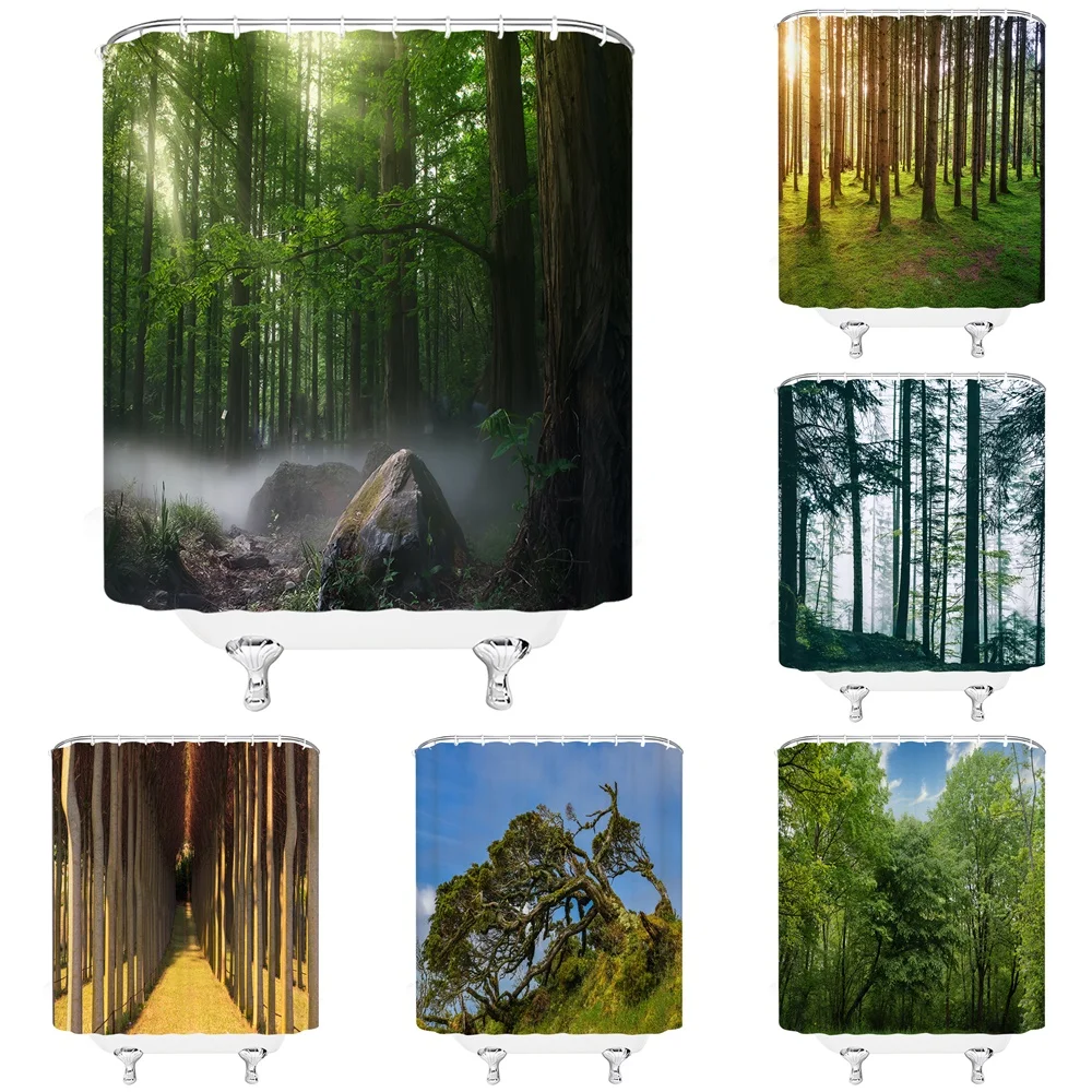 

Natural Forest Landscape Shower Curtain 3D Green Trees Sunlight Scenery Waterproof Polyester Fabric Home Decor Bathroom Curtains