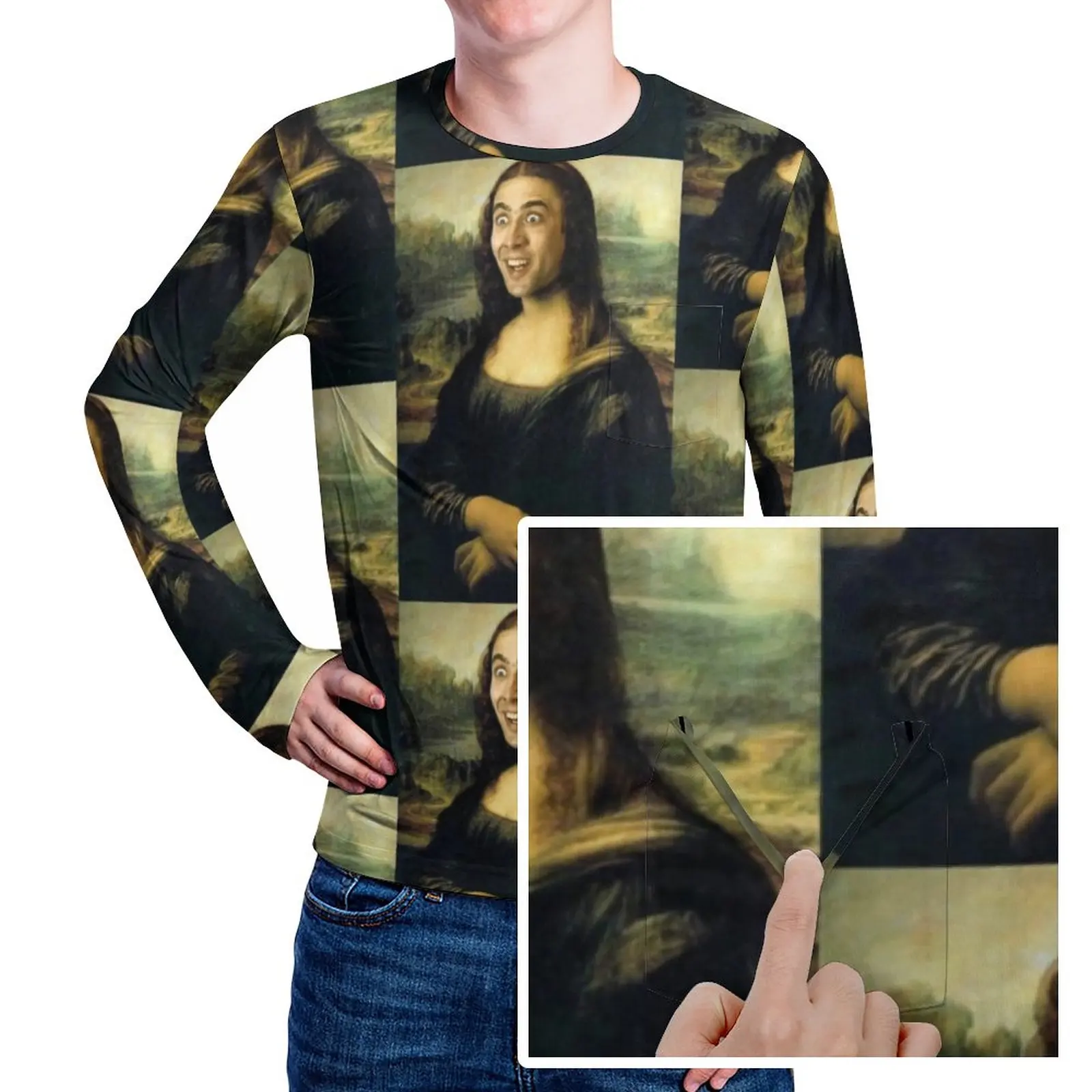 

Футболка с принтом Николаса Кейджа мема, смешная винтажная рубашка с карманом и длинным рукавом, оригинальные топы, базовые футболки оверса...