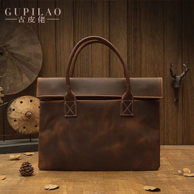 genuine Handmade cowhide 100% men's Japanese and Korean leather man's handbag Business leisure briefcase Lightweight computer ba