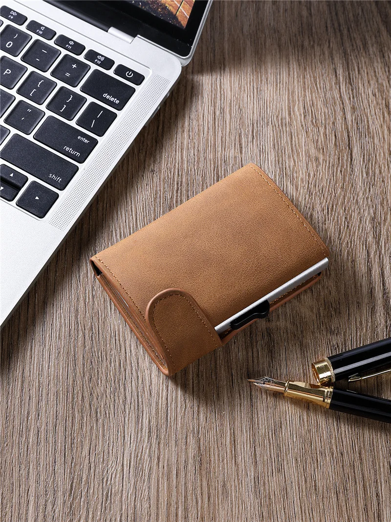 Male Business Credit Card Bag Wallet Crazy Horse Skin Female Zero Bags Aluminum Alloy Anti-Theft Card swiping Box