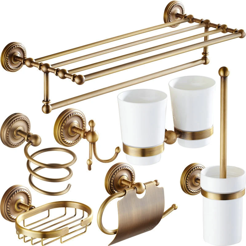 

Antique Brass Bathroom Accessories Hardware Set Towel Bar Rail Rack Toilet Paper Holder Toilet Brush Shower Soap Dish Holder