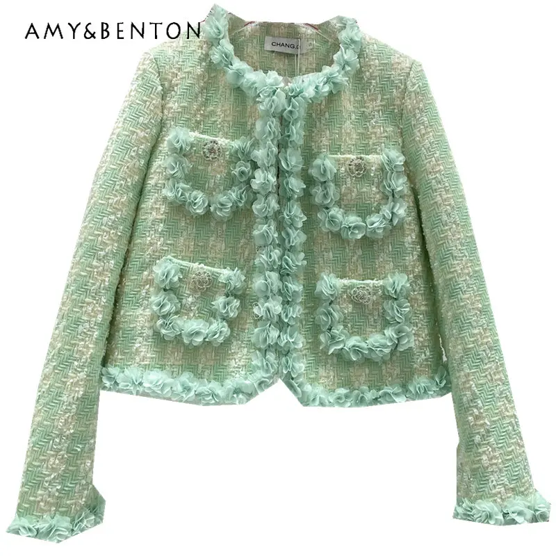 Heavy Industry Three-Dimensional Flower Thickened Coat for Women Winter Crew Neck Tweed Plaid with Cotton Ladies Tweed Jackets