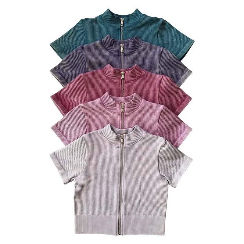 

Washed Seamless Gym Top Women Zipper Sexy Tight Sportswear Quick Dry Female Fitness Crop Top Workout Yoga Running Activewear