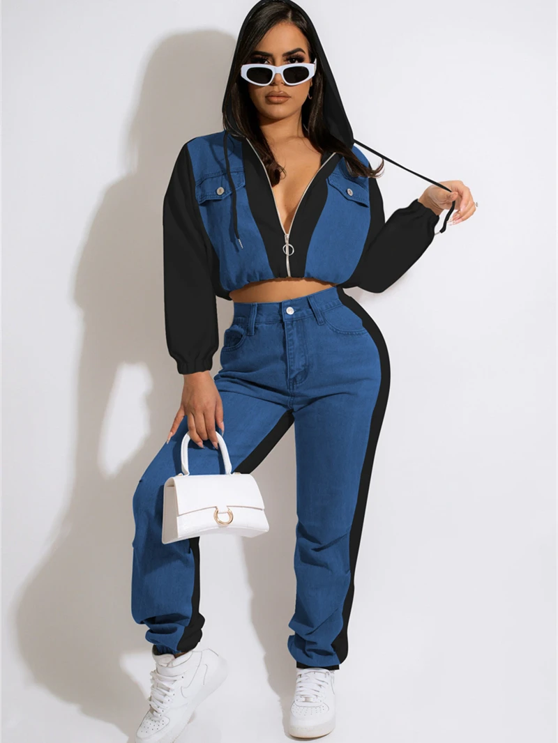 

Denim Patchwork Tracksuit Women Two Piece Set Outfit Autumn Clothes Full Sleeve Hooded Top and Pants Suit Matching Set Sweatsuit