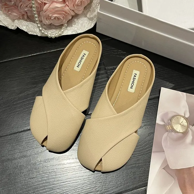 Baotou Half Slippers Women's Summer Outwear 2023 New Soft Sole Woven Flat Bottom Casual Sandals French Slippers