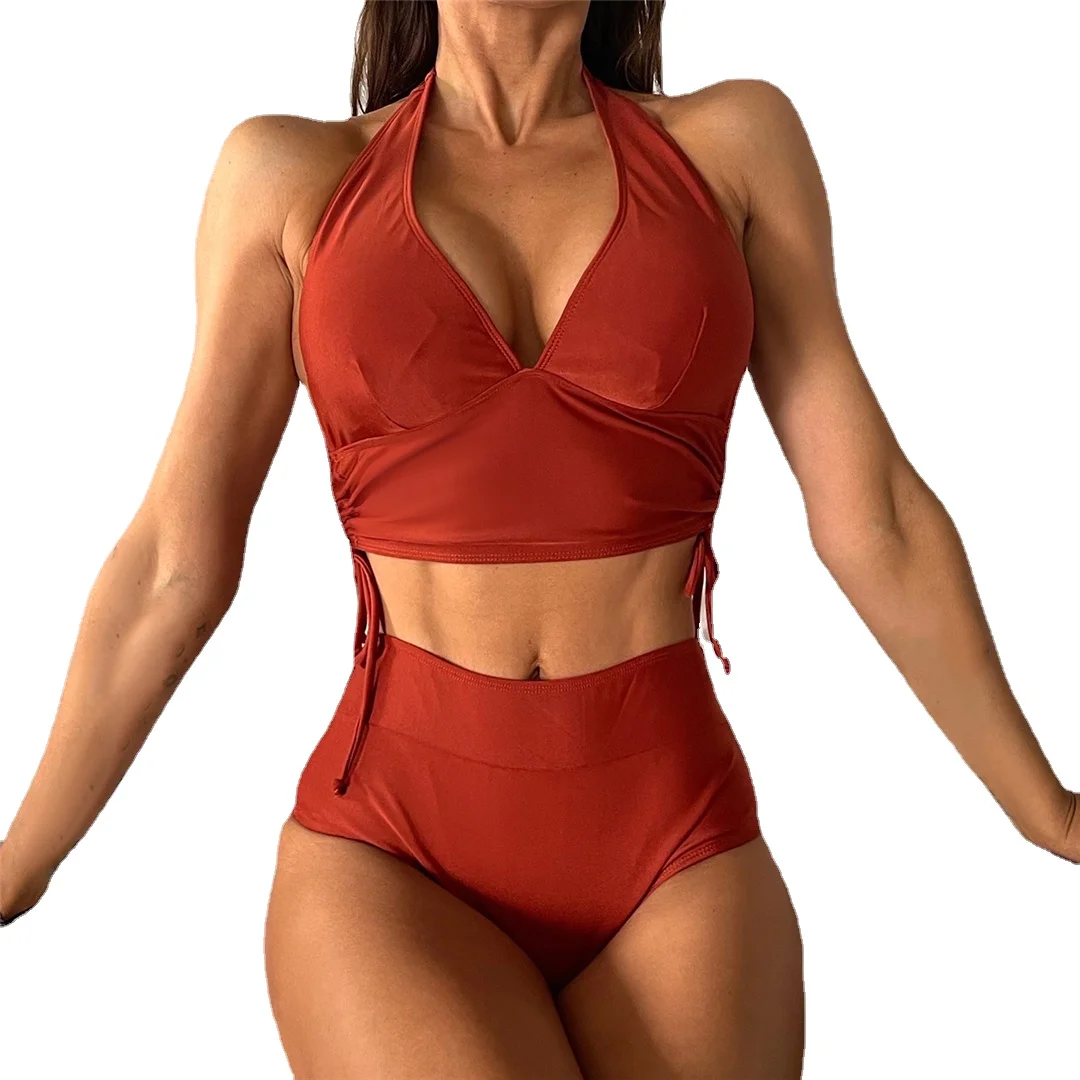 

Red Brown New Halter V Neck Female Swimsuit High Waist Bikini Set Women Swimwear Two-pieces Backless Bather Bathing Suit Lady