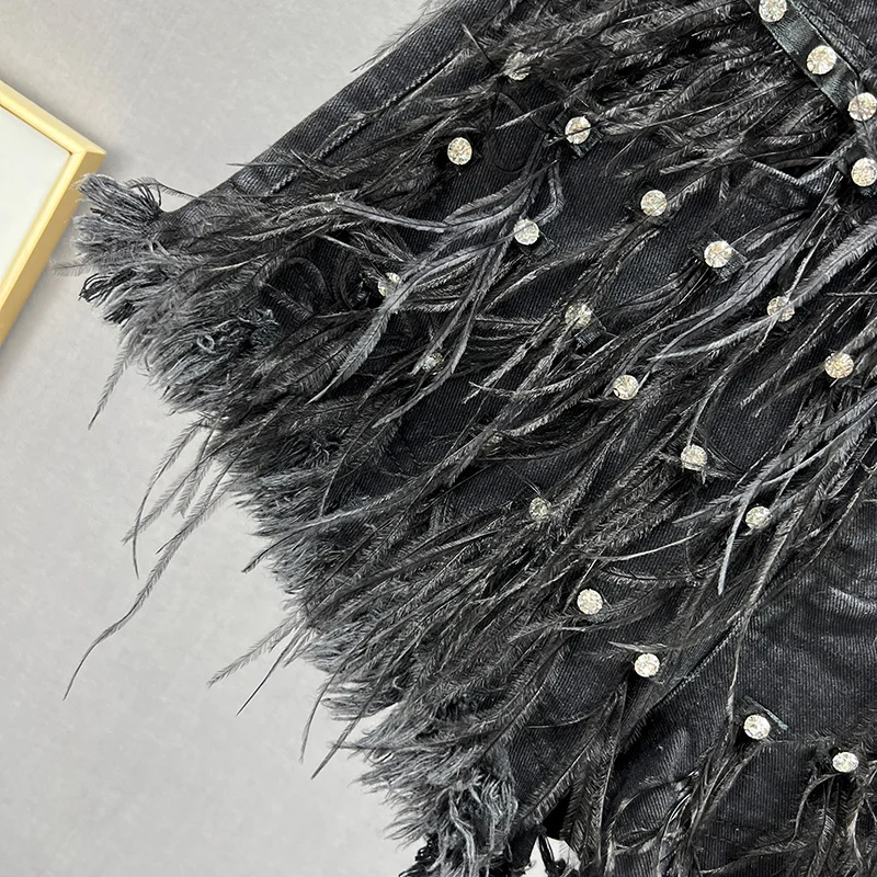 Exquisite Rhinestone Hot Pants Women 2023 New Summer High Waist Shorts Slimming Women's Denim Shorts Tassel Wide-Leg Pants