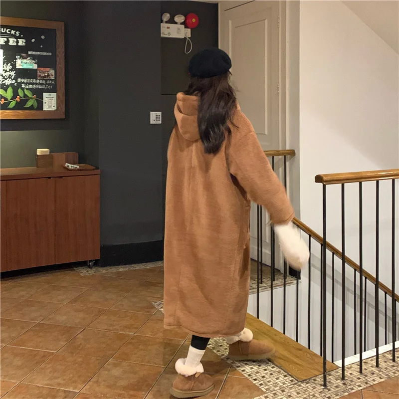 Winter Long Lamb Fur Coat Jacket for Women Loose Plush Overcoat Horn Button Parkas Hooded Straight Warm Outerwear Female