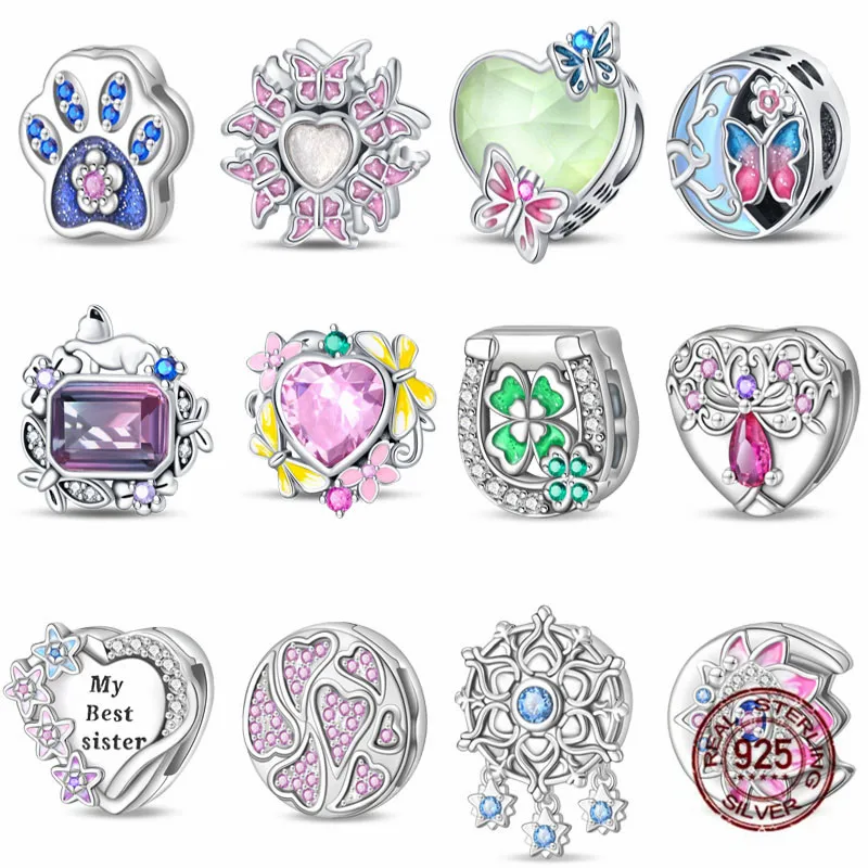 Браслет Pandora из серебра 100% пробы с розовым цирконием бабочкой и сердцем