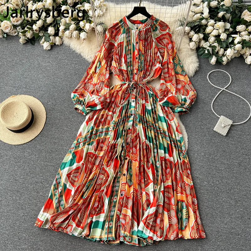 

Женское платье в стиле бохо, плиссированное вечернее платье миди с длинными рукавами-фонариками и высокой талией, лето 2022