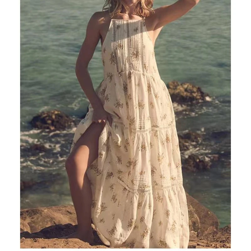 

Женское льняное платье без бретелек, привлекательное длинное лоскутное платье В курортном стиле с цветочным принтом, летнее пляжное свободное платье, новинка 2023