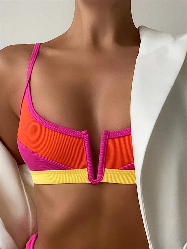 

Sexy Bikini Top Women Swimsuit 2022 New Solid Patchwork V Neck Swimwear Bodice Push Up Bikinis Summer Beach Bathing Suit Female