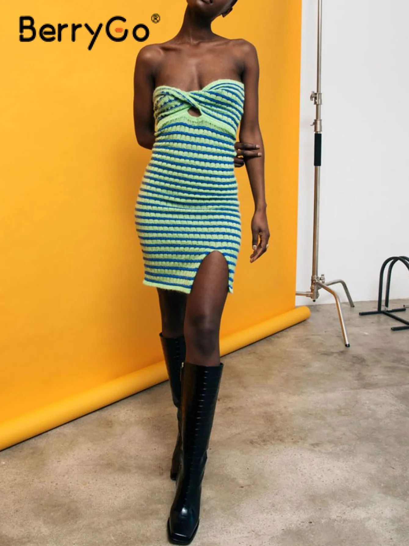 

BerryGo Sexy backless hollow out stripes corset mini dress women Fashion tangle up knitted dress 2022 Summer skinny vestidos