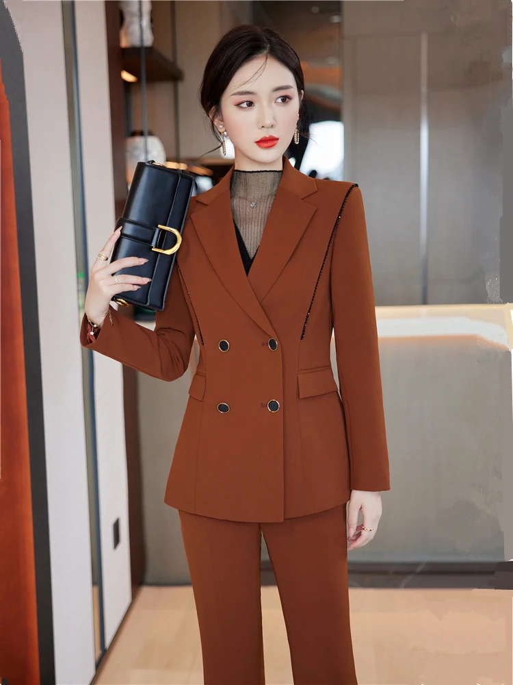 Women's Blazer Suits 2 Pieces Set Office Ladies Formal Double Breasted Jacket + Flare Pant Sets Elegant Pantsuit Sets